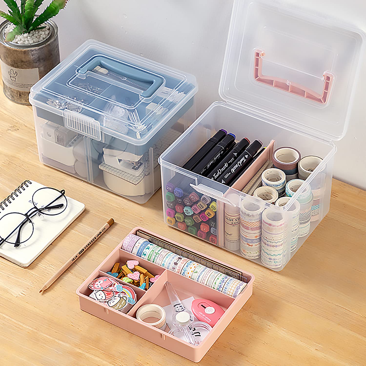FOREVERIE Clear Small Plastic Storage Box with Handle & A Removable Tray & Adjustable Divider, Kids Students Children Art Box, Desk Organiser Case, Medicine Storage Box (Clear & Ocean Blue)