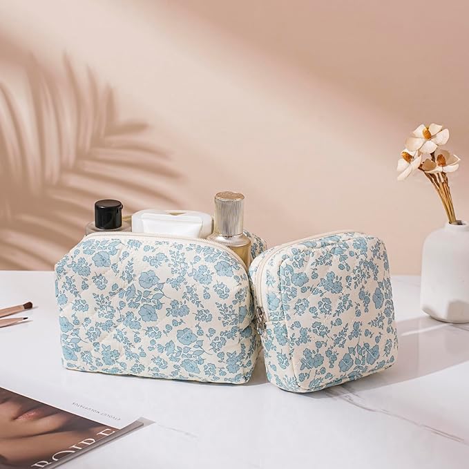 2 Pcs Quilted Cotton Makeup Bag Set, Small Aesthetic Cosmetic Bag with Floral Pattern, Cute Makeup Pouch for Purse, Kawaii Trendy Preppy Travel Toiletry Bag for Women and Girls(21 Blue Flower Set)