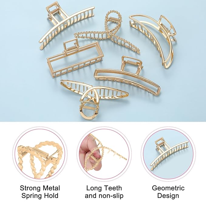 LUKACY 6 Pack Gold Metal Hair Clips - 4 Inch Large Jaw Clips for Women, Strong Hold Hair Claws for Thick or Thin Hair, Fashion Hair Accessories for Styling