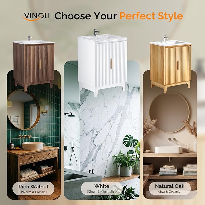 VINGLI 24 Inch Bathroom Vanity with Sink, Pure White Mid Century Modern Fluted Vanity Cabinet with Ceramic Basin, Small Free Standing Combo for Powder Room, Soft Close Doors, Gold Handles