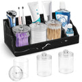 Marble Bathroom Countertop Organizer, Black Toothbrush Holders for Bathrooms Counter Organizer with 3PCS Qtip Dispenser, Toothbrush and Toothpaste Holder for Bathroom Organization Vanity Storage
