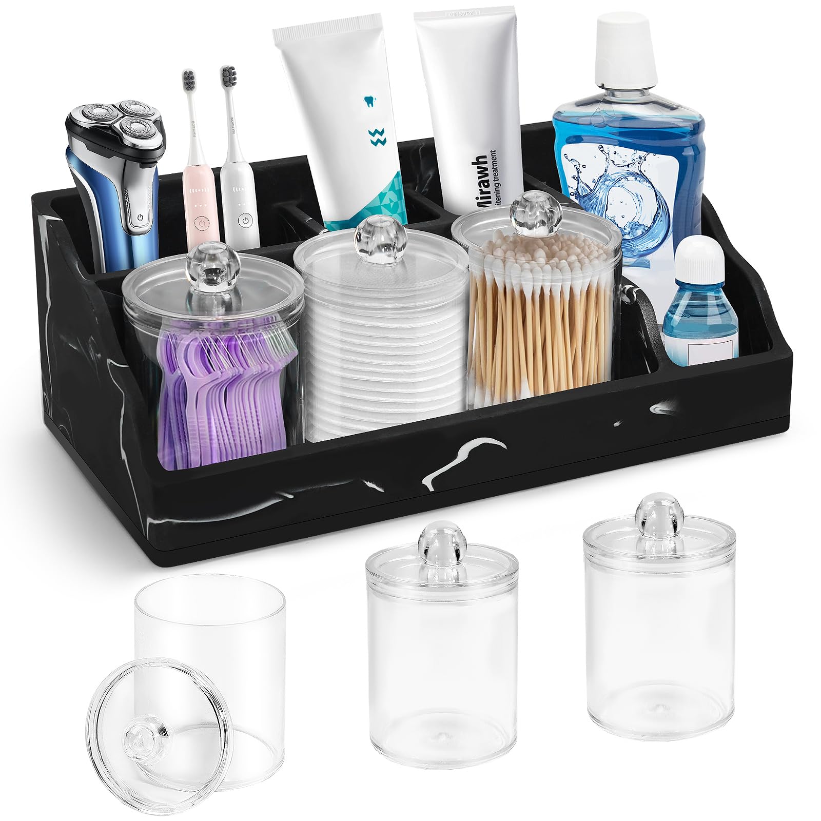Marble Bathroom Countertop Organizer, Black Toothbrush Holders for Bathrooms Counter Organizer with 3PCS Qtip Dispenser, Toothbrush and Toothpaste Holder for Bathroom Organization Vanity Storage