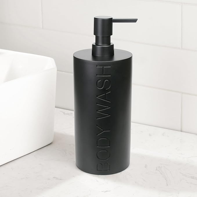 Indecor Home Matte Black Body Wash Dispenser Luxurious Refillable Pump Bottle with Embossed Text, Durable Construction for Bathroom and Shower