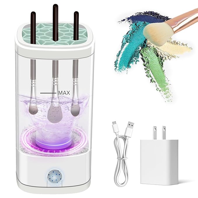 Electric Makeup Brush Cleaner Machine, Multi-Functional Cosmetic Brush Cleaner with Dryer Holder, Portable Automatic Makeup Brush Cleaning Tool USD Charging