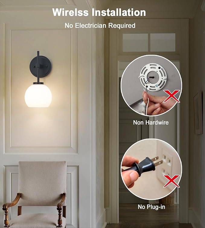 SANTOSTOCK Black Wireless Rechargeable Wall Sconces with Remote Control, Battery Operated Wall Sconce Set of 2, LED Dimmable Wall Lights with Opal White Glass Shade, 12 Colors RGB & 3 CCT Bulb
