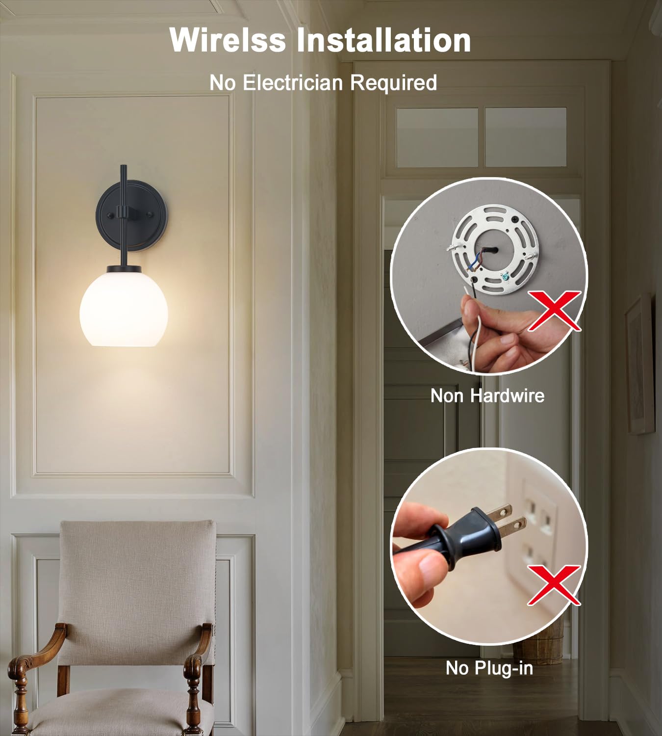SANTOSTOCK Black Wireless Rechargeable Wall Sconces with Remote Control, Battery Operated Wall Sconce Set of 2, LED Dimmable Wall Lights with Opal White Glass Shade, 12 Colors RGB & 3 CCT Bulb