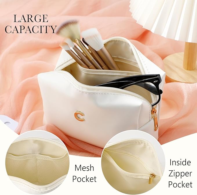Kigeli Gifts for Women Teen Girls Gifts for Bridesmaid Mom Teachers Graduation Birthday Wedding Personalized Initial Makeup Bag Beige PU Leather Monogram Cosmetic Waterproof Travel Toiletry Bag(C)