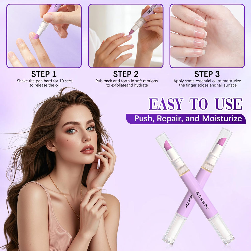 3PCS 2-in-1 Cuticle Oil Pusher Pen, Ceramic Cuticle Pusher & Oil Pen, Nail Care Tool for Dry Damaged Nails Hangnails Moisturiz Polish Brighten