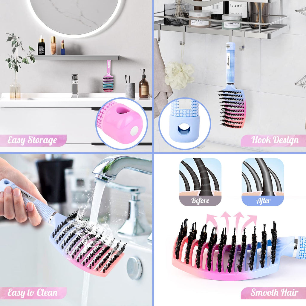 Boar Bristle Hair Brush, Curved Vented Detangler Brush Faster Blow Drying, Paddle Detangling Brush for Women Men Kids Wet Dry Long Curly Thick Straight Hair, Make Hair Shiny and Healthier(Purple+Blue)