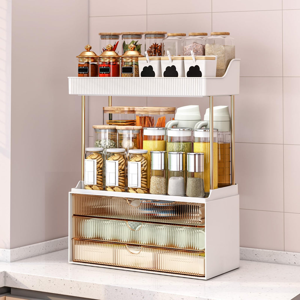 caktraie Bathroom Organizers and Storage - 3 Drawers 2 Tier Makeup Organizer, Cosmetic Storage Drawer for Dresser Countertop and Bathroom Vanity for Large Skincare, Perfume, Amber