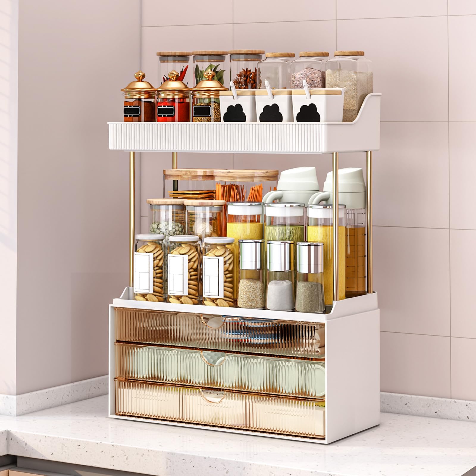 caktraie Bathroom Organizers and Storage - 3 Drawers 2 Tier Makeup Organizer, Cosmetic Storage Drawer for Dresser Countertop and Bathroom Vanity for Large Skincare, Perfume, Amber