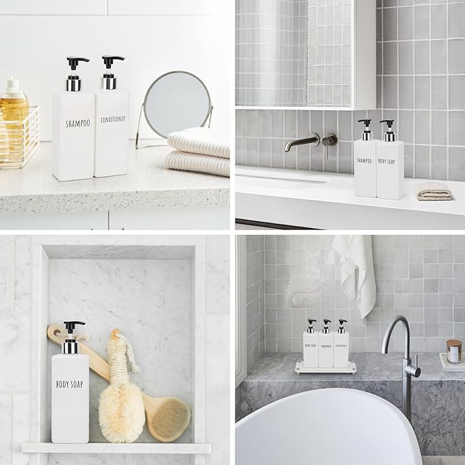 Segbeauty Plastic Shampoo and Conditioner Bottles, Set of 6 Refillable Bathroom Shampoo Dispenser Set, 16.9oz Empty Square Body Wash Dispenser for Shower Bathroom, Liquid Lotion Dispenser for Kitchen