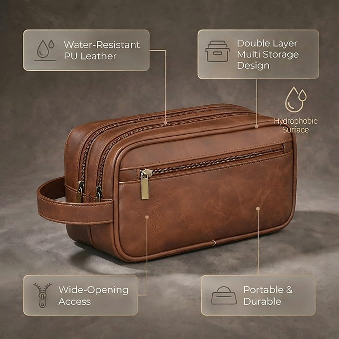 Men’s Toiletry Bag Travel Dopp Kit – double-deck Leather Water-Resistant Shaving Organizer Large Capacity, Double Compartments & Inner Pockets for Grooming, Bathroom & Gym Trip Toiletry Case(Black)