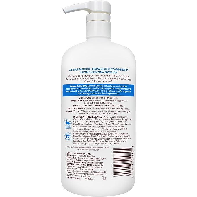 Palmer's Cocoa Butter Formula Daily Skin Therapy Body Lotion, 33.8 Oz Pump Bottle, Intensive Moisturizer for Dry and Eczema-Prone Skin, Enriched with Vitamin E, Helps Provide 48-Hour Deep Hydration