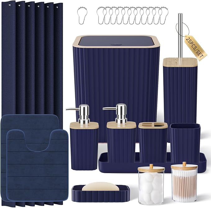 XLHOMO Bathroom Accessory Set - 25PC Green Bathroom Sets, Bathroom Set with Shower Curtain and Rugs, Dark Green Shower Curtain Set, Trash Can, Qtip Holder & Soap Dispenser