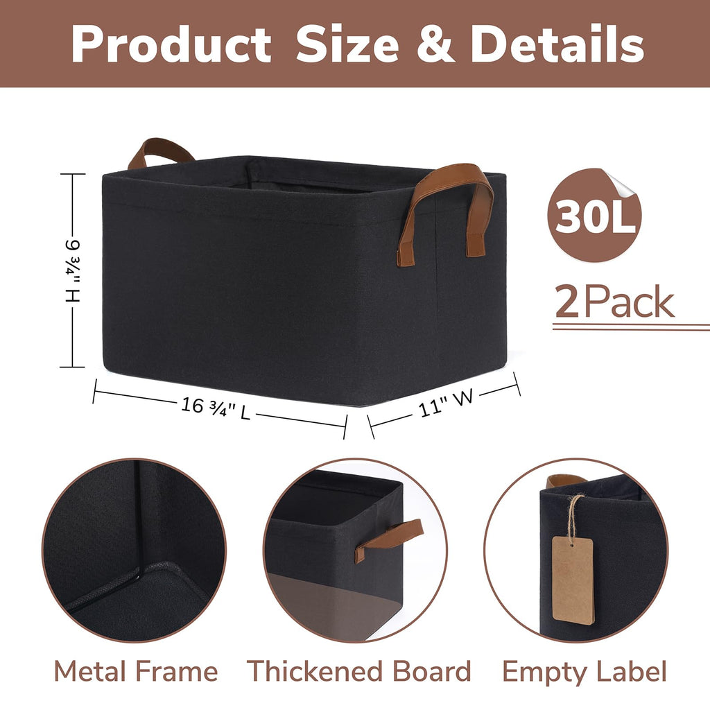 CHICVITA Large Storage Bins for Clothes and Toys, Black Fabric Bin for Living Room, 16 " L x 11" W x 9 " H, 2-Pack