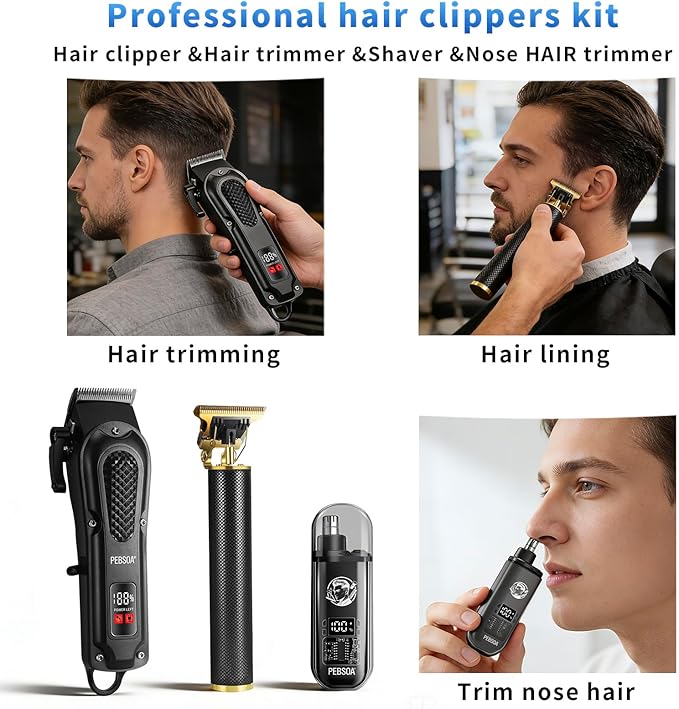 pebsoa® Men's Professional Hair Clippers Kit，Cordless & Corded Barber Clippers Set，Grooming Rechargeable Beard Trimmer with Adjustable Blade Black