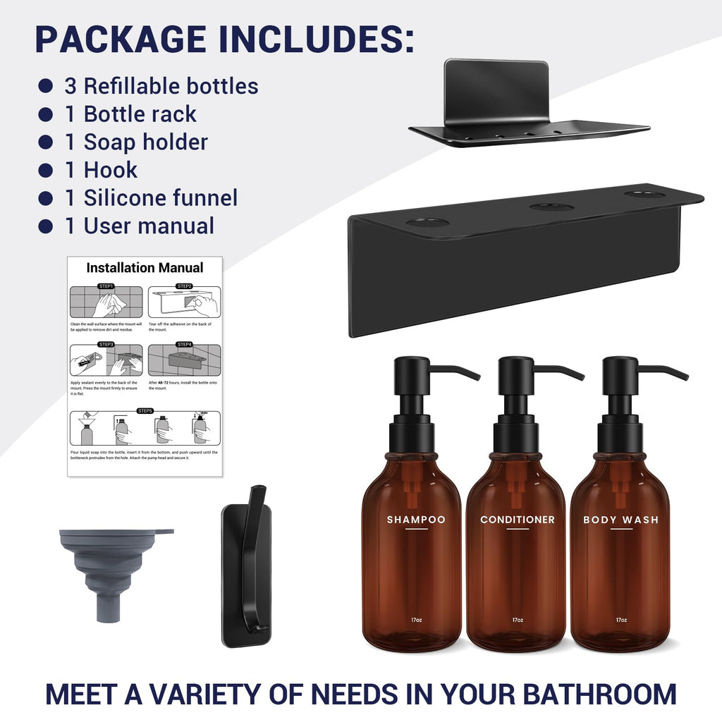 Shampoo Conditioner Body Wash Dispenser Bonus Soap Dish and Hook, Amber