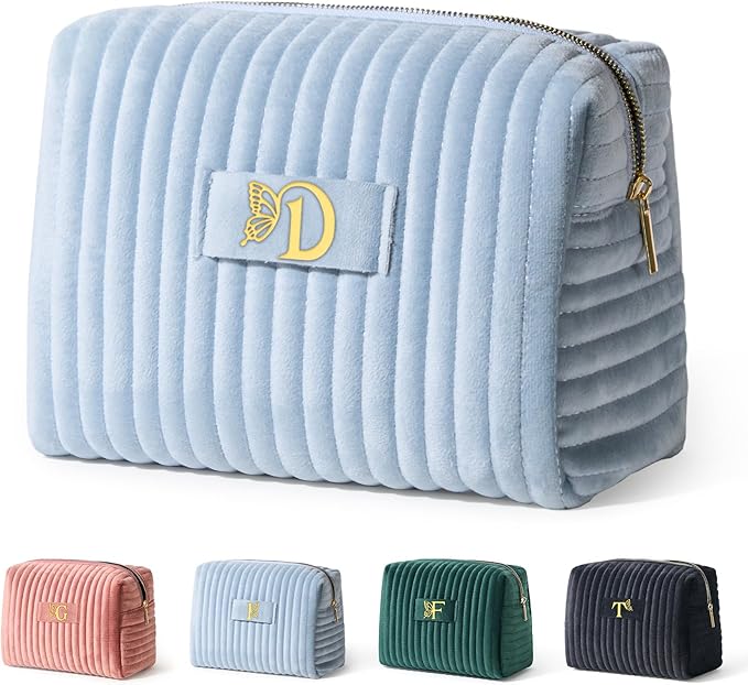 COSHAYSOO Travel Makeup Bag Quilted Make Up Pouch Initial Velvet Cosmetic Case with Butterfly Decorations for Women Birthday Party Favor Supplies Cool Popular Easter Valentines Gifts Blue Letter D