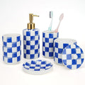 Ceramic Bathroom Soap Dispenser Set, Checkered Bathroom Vanity Set with Lotion Pump, Toothbrush Holder, Soap Dish & Storage Jar, Modern Bathroom Sink Accessories (Blue)
