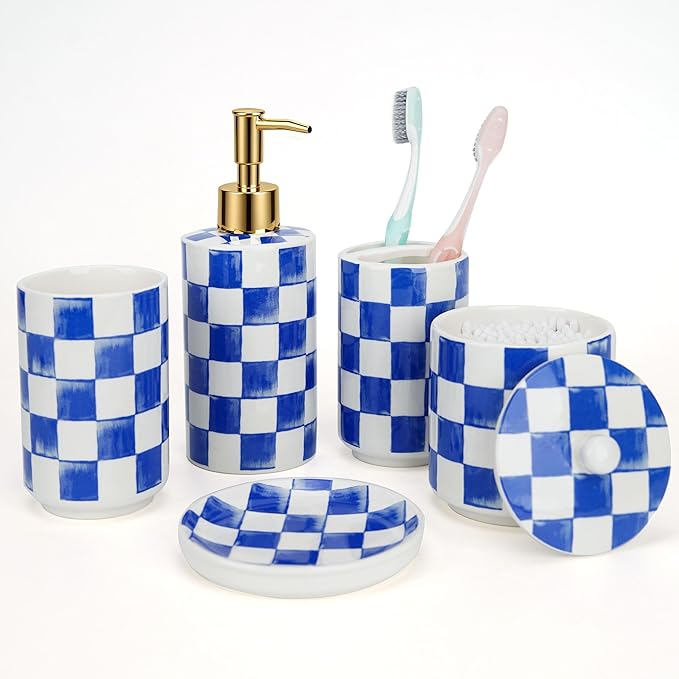 Ceramic Bathroom Soap Dispenser Set, Checkered Bathroom Vanity Set with Lotion Pump, Toothbrush Holder, Soap Dish & Storage Jar, Modern Bathroom Sink Accessories (Blue)