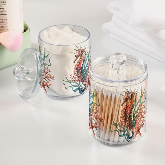 2 Pack Qtip Holder Dispenser for Cotton Ball Seahorse Starfish Watercolor Ocean Cotton Swab Cotton Round Pads Clear Plastic Acrylic Jar Set Bathroom Canister