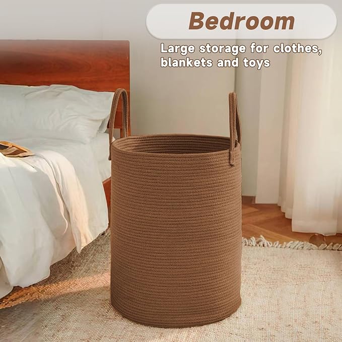JMvicyroam Large Woven Laundry Basket Hamper,60L Cotton Rope Storage Bin for Blankets,Toys and Clothes,Decorative Tall Nursery Hamper for Living Room,Baby Nursery,Bathroom and Bedroom,Golden Jute