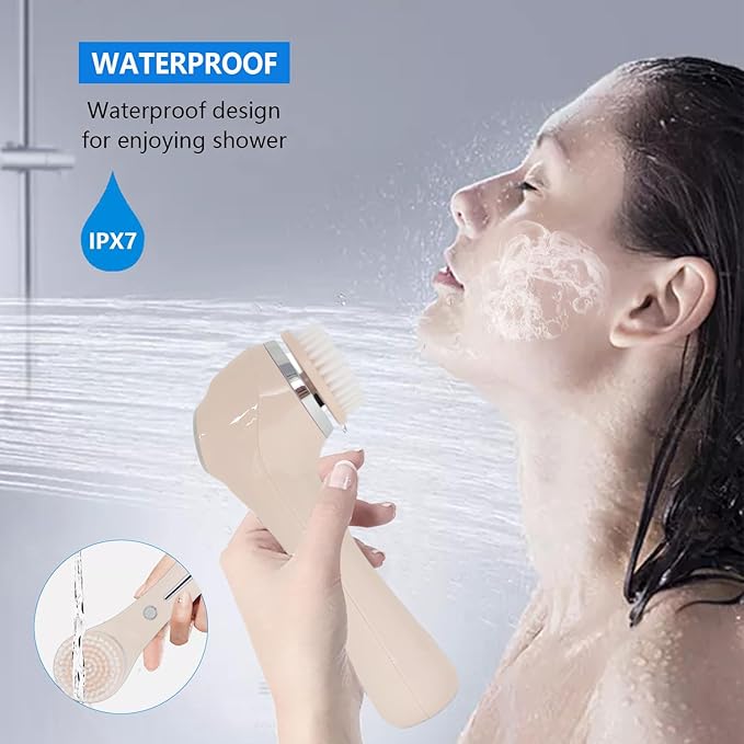 Facial Cleansing Brush, 2 in 1 Ｗaterproof IPx7 Facial Spin Scrubber Set with 4 Brush Heads, Rechargeable Exfoliating Face Brush Deep Cleansing, Gently Exfoliate and Remove Blackhead (Pink)