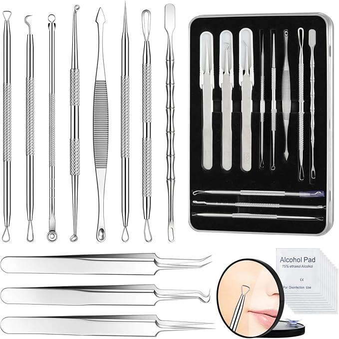 Meidaier 11Pcs Blackhead Remover Kit, Stainless Steel Acne Comedone Extractor with 10X Magnifying Glass & 20 75% Alcohol Pads, Pimple Whitehead Blemish Removal, Anti-Slip Handle & Storage Box