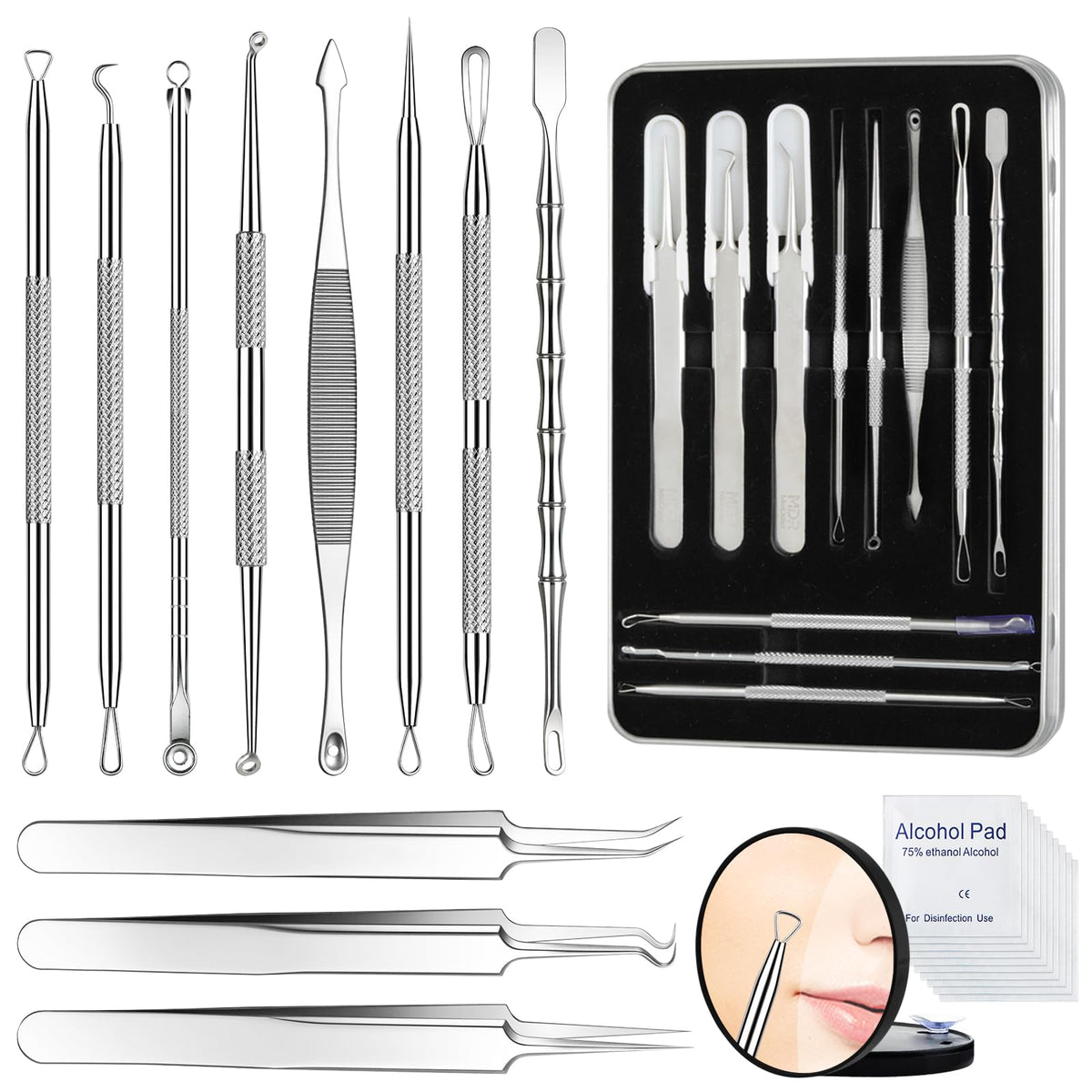 Meidaier 7Pcs Blackhead Remover Kit, Stainless Steel Acne Comedone Extractor with 10X Magnifying Glass & 20 75% Alcohol Pads, Pimple Whitehead Blemish Removal, Anti-Slip Handle & Storage Box