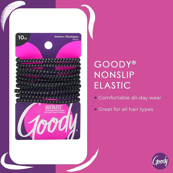 Goody Ouchless No Slip Hair Ties, 10 Ct, Black, 4MM Rubber Bands, SlideProof, Pain-Free Styling Accessories for Women & Men, Made for Long-Lasting Braids, Ponytails & More, All Hair Types