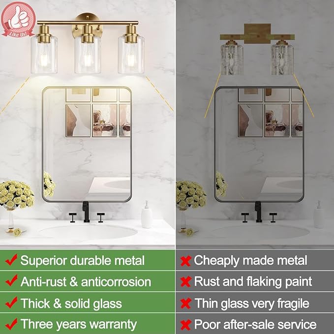 Zarbitta 3-Light Bathroom Light Fixtures, Brushed Brass Bathroom Wall Lights with Clear Glass Shade, Modern Bathroom Wall Lamp for Mirror Kitchen Living Room Hallway Cabinet