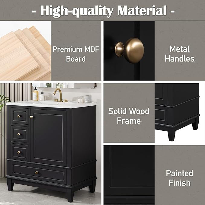 30" Bathroom Vanity with Sink, Harper & Bright Designs Free Standing Single Vanity Set with 3 Drawers and One Door with Storage Racks, Solid Wood Storage Cabinet with Ceramic Basin for Bathroom, Black