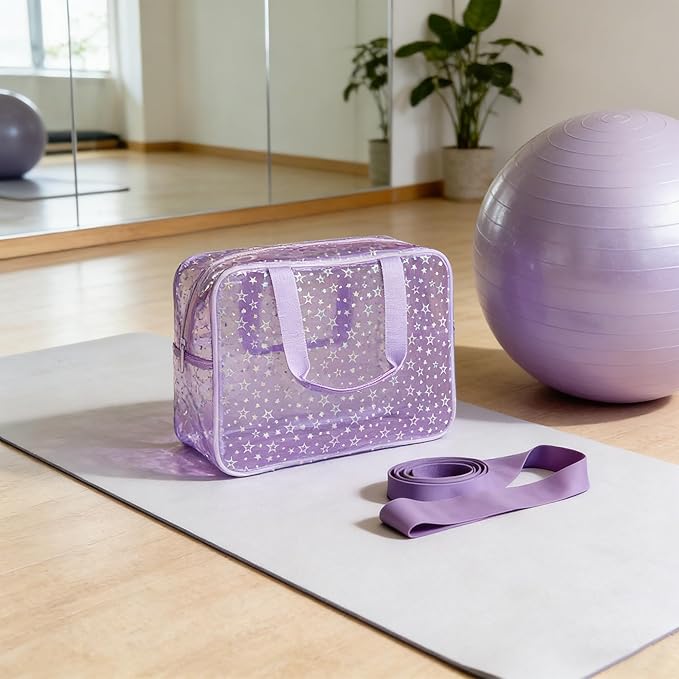 TotePrint Clear Star Large Cosmetic Bag and Travel Pouch with Handle,Durable Material,Zipper Design-Ideal for Makeup,Travel Essentials (Purple+Shiny Star)