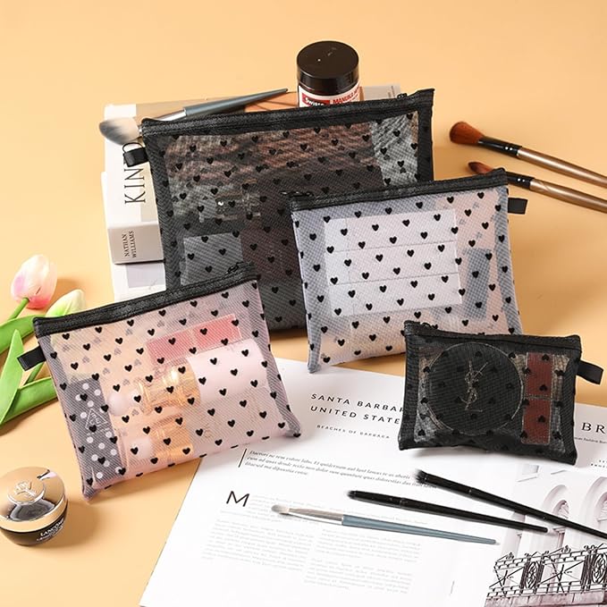 TRAKWAN 4-Piece Heart Printed Mesh Makeup Bag Set, Portable Travel Mesh Cosmetic Bags Toiletry Bags Makeup Purse Bags Mesh Zipper Storage Pouches for Home Offices Travel Accessories (Black)