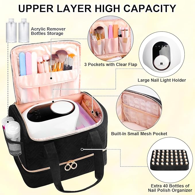 Veirdro Nail Polish Organizer Bag Holds 80 Bottles (15ml/0.5fl.oz)& Nail Lamp, Soft Nylon Nail Kit Storage Carrying Case with Shoulder Strap, Double Layer Nail Supplies Organizer Handbag Women Black