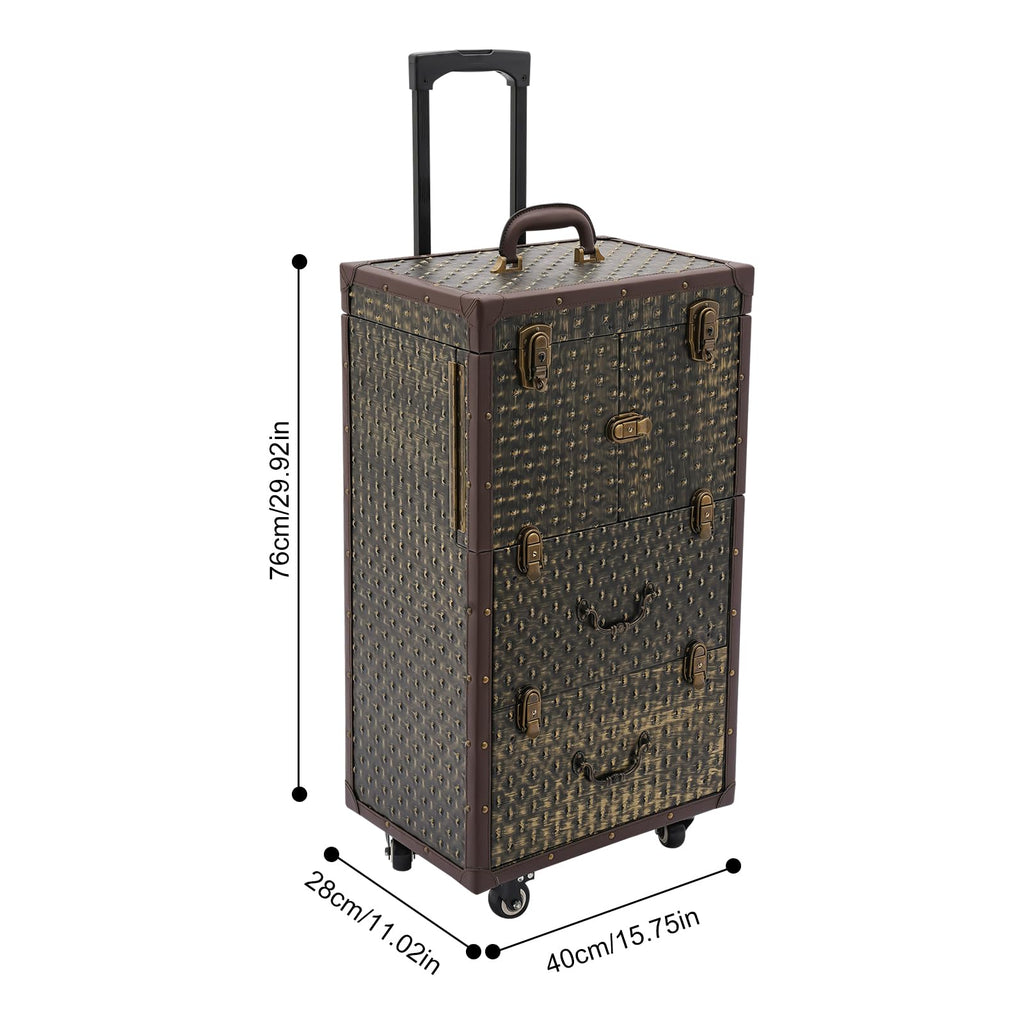 QUEWATSA Rolling Makeup Case Large Storage Cosmetic Trolley, Rolling Lockable Makeup Train Case, Stylist Beauty Salon Cosmetic Luggage Travel Organizer Tool Box with Hair Dryer Holder (Brown+Bronze)