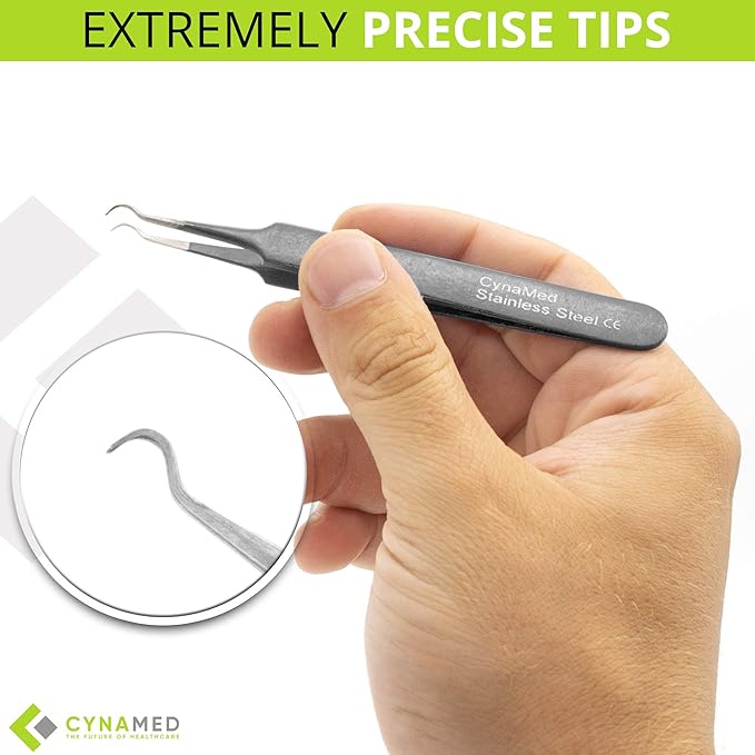 Blackhead Tweezer - Professional Curved Steel Tip Surgical Comedone & Splinter Extractor. Ideal Blemish & Acne Remover Tool Means Flawless Facial Skin (Black)