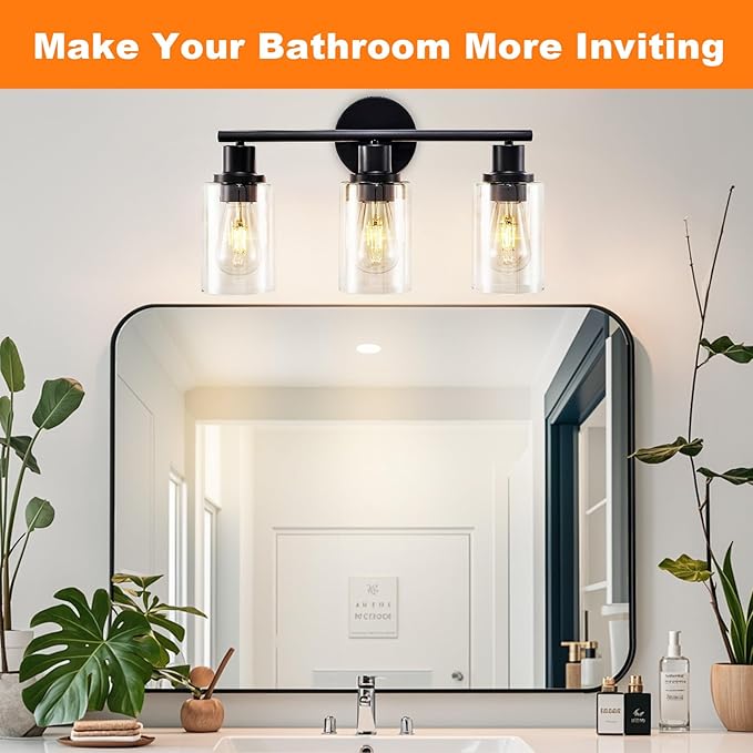 DLLT 3-Light Bathroom Light Fixtures: Set of 2 Black Modern Vanity Lights with Clear Glass Shade - 18.51" Bathroom Wall Lamp for Mirror Kitchen Living Room
