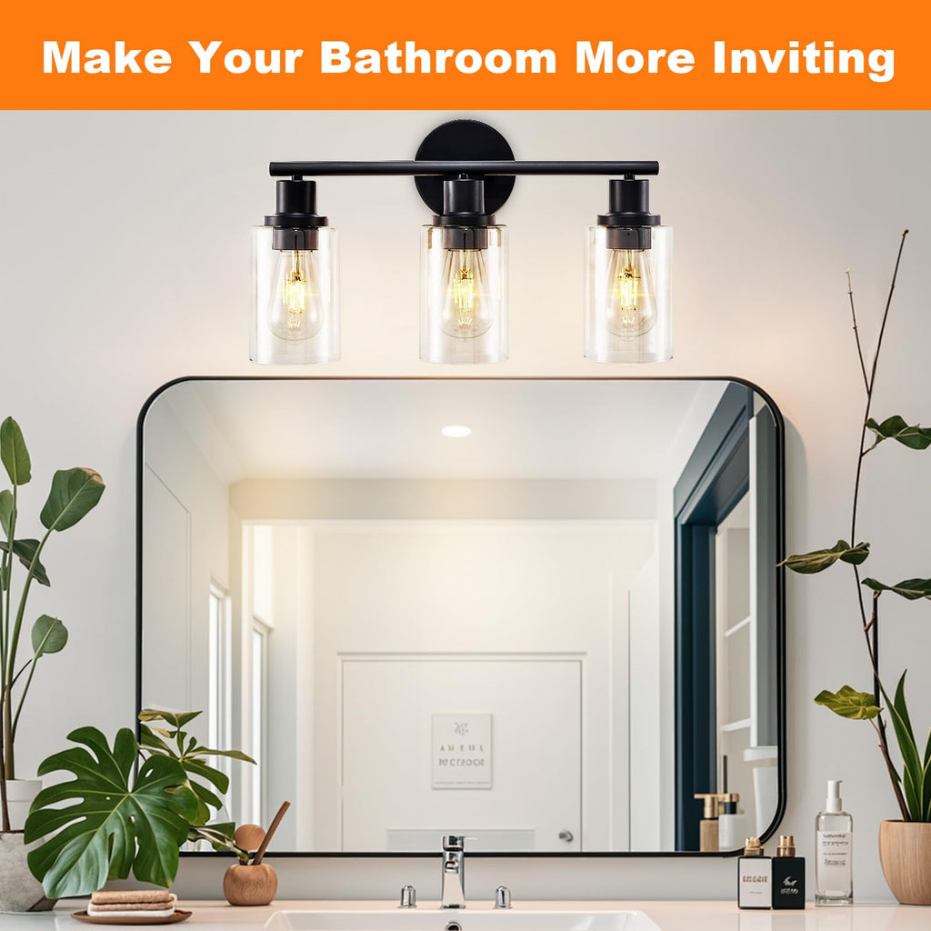 DLLT 3-Light Bathroom Light Fixtures: Set of 2 Black Modern Vanity Lights with Clear Glass Shade - 18.51" Bathroom Wall Lamp for Mirror Kitchen Living Room