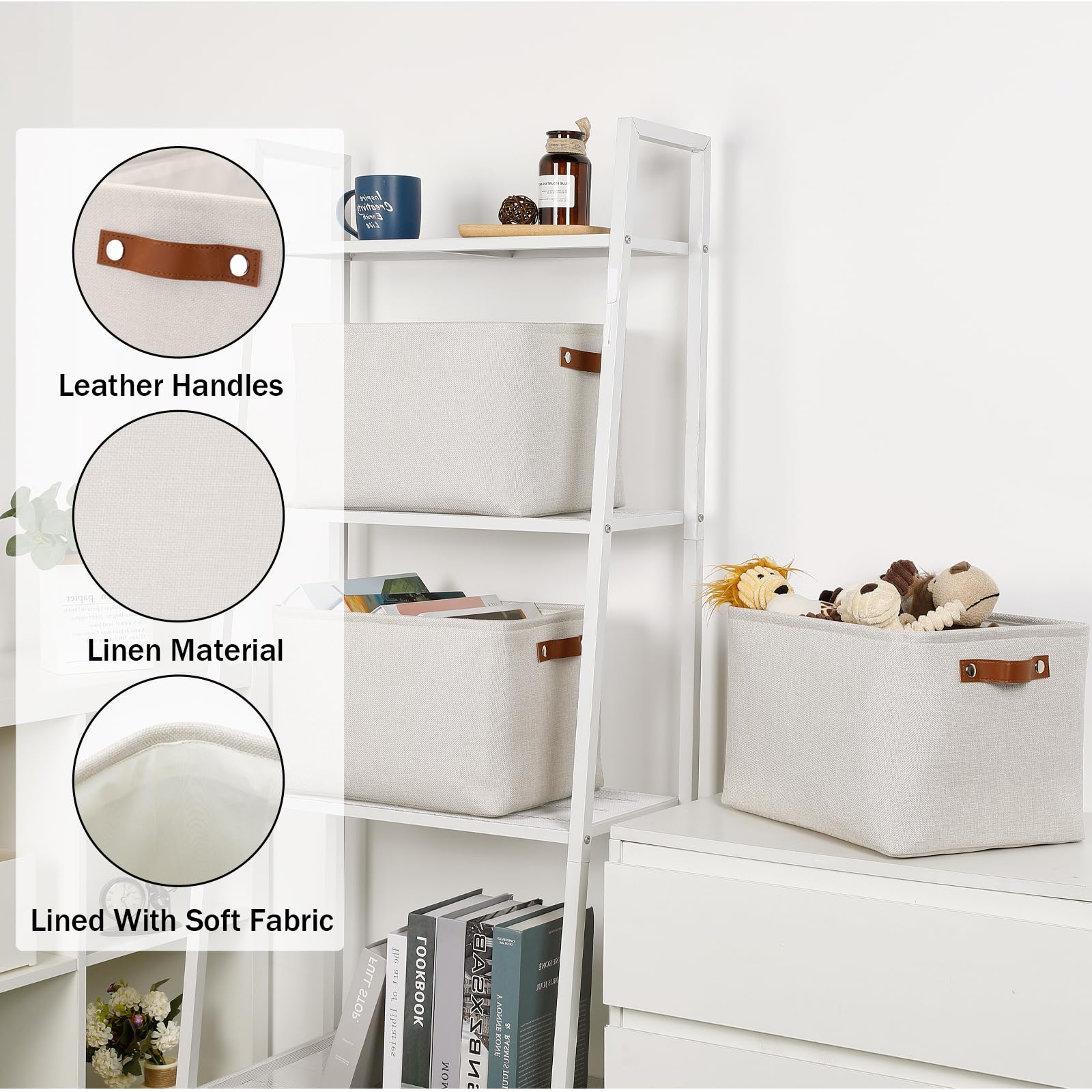 HNZIGE Large Fabric Storage Basket Organizers (3 PCS), Foldable Decorative Shelf Baskets with Leather Handles (Cream, 15" x 11" x 9.5")