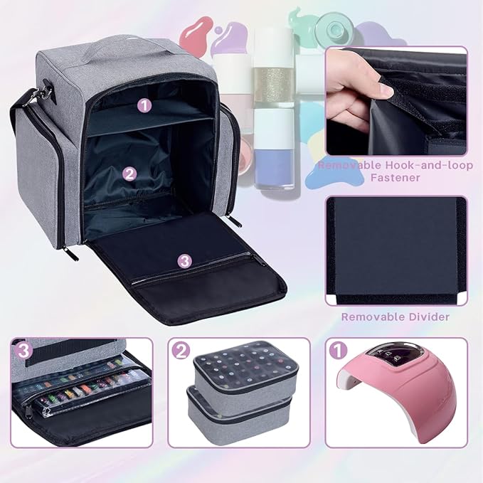 YAHOURWAT Nail Polish Organizer Holds 60 Bottles and a Nail Lamp,Portable Travel Case with 2 Removable Bags and Tools Storage Pockets Grey