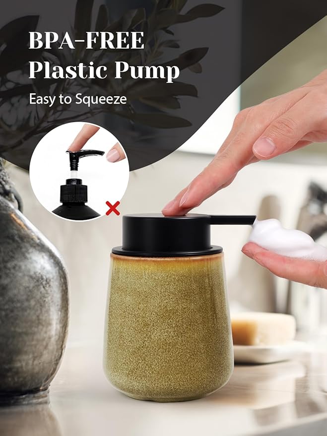 INGOFIN Ceramic Foaming Soap Dispenser - 12 oz Refillable Foam Hand Soap Dispenser Bathroom, Modern Dish Dispenser Pump for Kitchen,Kiln-Glazed Earthy Yellow-Brown