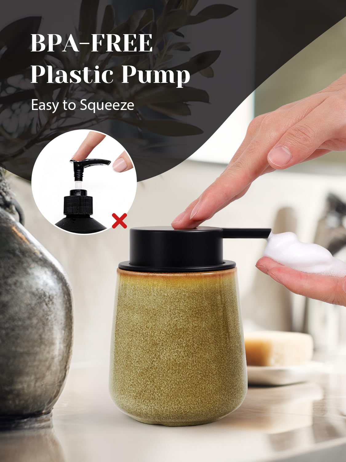 INGOFIN Ceramic Foaming Soap Dispenser - 12 oz Refillable Foam Hand Soap Dispenser Bathroom, Modern Dish Dispenser Pump for Kitchen,Kiln-Glazed Earthy Yellow-Brown