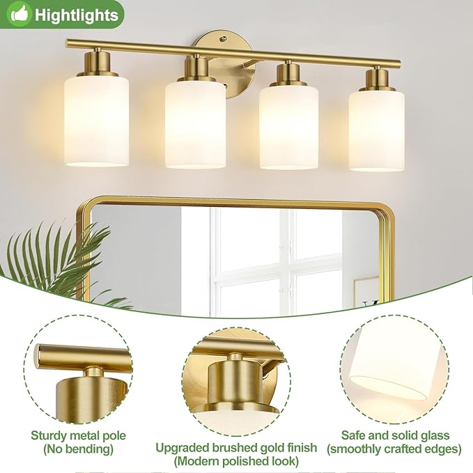 Zarbitta 4-Light Bathroom Light Fixtures, Brushed Gold Modern Vanity Lights with Milky White Frosted Glass Shades, Bathroom Wall Lamp for Mirror Kitchen Living Room