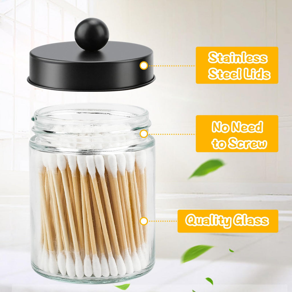 Goramio 4 Pack Glass Apothecary Jars with Lids for Bathroom, Cute Qtip Holder, Black Bathroom Accessories Set, Small Bathroom Canisters with Lids for Q-Tips, Cotton Swabs, Black Bathhouses Decor