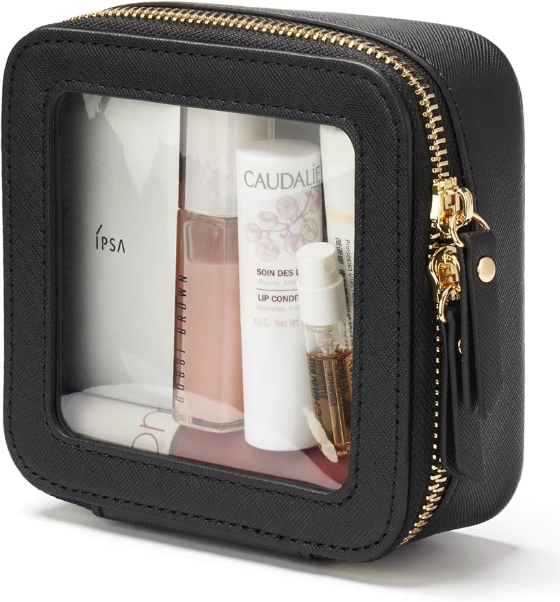 Mini Clear Black Makeup Bag - Cute Square Cosmetic Pouch for Travel with Zipper - For Women & Girls