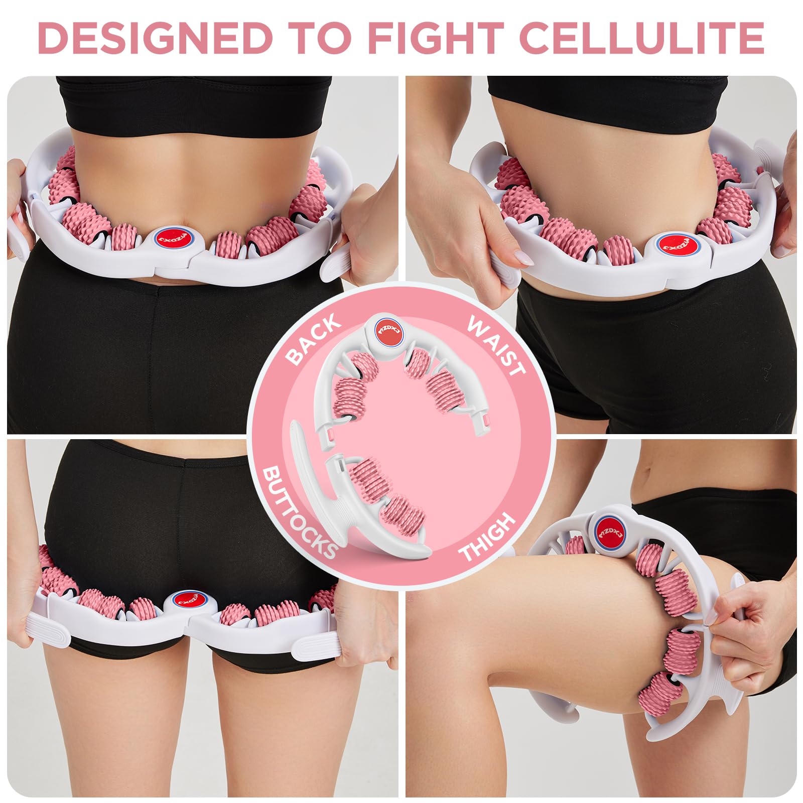 MZDXJ Cellulite Massage Tool - Lymphatic Drainage Massager - Muscle Roller, Deep Fascia Massage, Dimpled Skin Removal, Legs/Thighs/Buttocks, Anti-Cellulite Roller, Smooth Skin (14 Wheel - Pink)