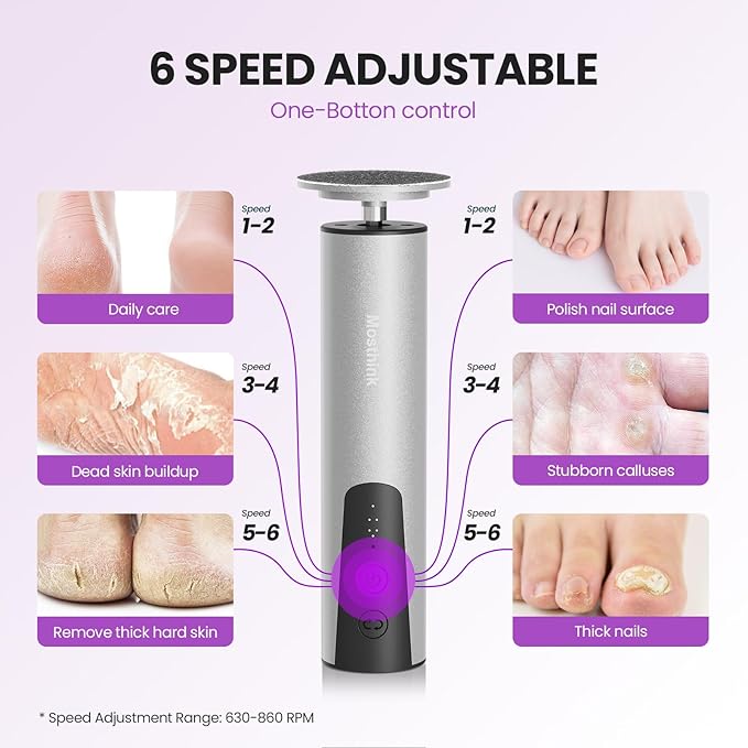 Electric Foot Callus Remover, 2 in 1 | 6 Speed Adjustable Foot File Nail Grinder with Sandpaper Disks, Professional Sander Pedicure Tool for Feet Dead Skin, Self Care Gifts for Women Mom Lover Friends