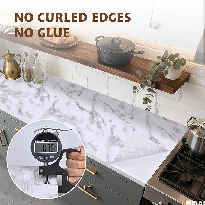 Shelf Liners for Kitchen Cabinets 12in x 10FT, Non Adhesive Drawer Liner Marble Pattern Thickened Shelf Liner Non-Slip Easy to Clean for Tool Box Refrigerator with Knife and Tape Measure